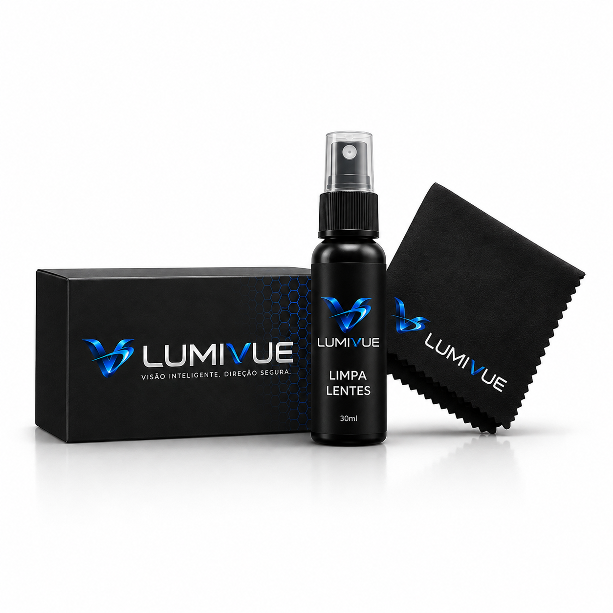 Kit Limpa Lentes LumiVue: spray, pano de microfibra e caixa